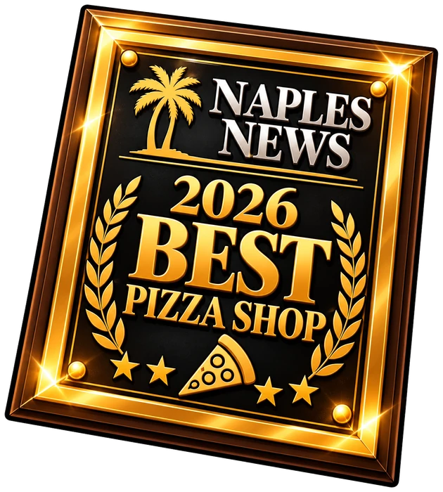 Gold and black plaque reading Naples News 2026 Best Pizza Shop, awarded to Twisted Sheep Pizza & Brew