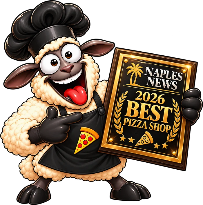 Twisted Sheep mascot holding a plaque: Naples News 2026 Best Pizza Shop