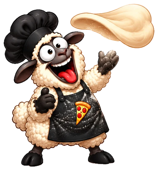 Twisted Sheep mascot tossing fresh pizza dough in the air