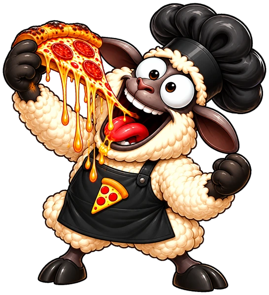 Twisted Sheep cartoon mascot taking a bite of a cheesy pizza slice