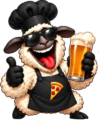 Twisted Sheep mascot in sunglasses giving a thumbs up while holding a cold beer